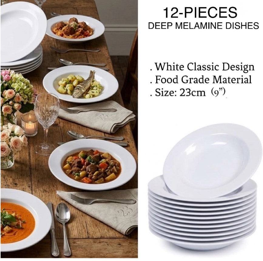 12-Pcs 9” Melamine Deep Dishes (White)