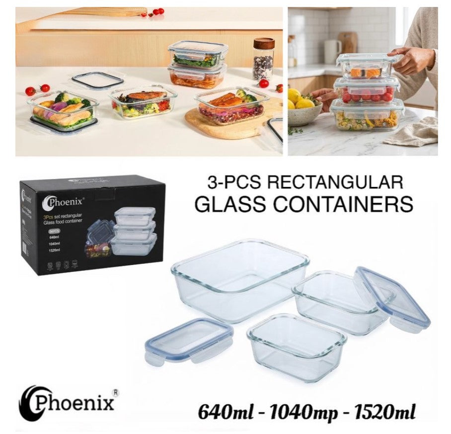 3-Pcs Rect. Glass Containers