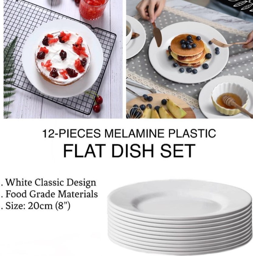 12-Pcs 8” Melamine Flat Dishes (White)