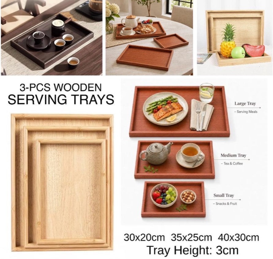 3-Pcs Wooden Trays