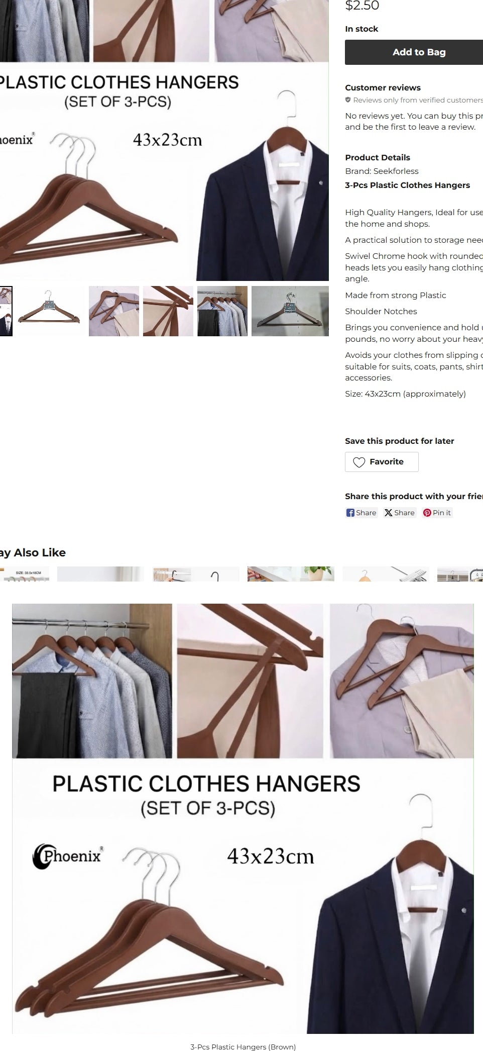 3-Pcs Plastic Hangers (Brown)